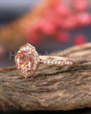 1ct Oval Cut Simulated Peach Morganite Halo Milgrain Ring 14k Rose Gold Plated