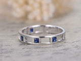 1ct Princess Blue Sapphire Wedding Band Open Gaps Eternity 14k White Gold Finish