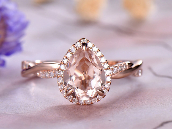 2ct Pear Peach Morganite Engagement Ring Halo Twist Infinity 14k Rose Gold Over