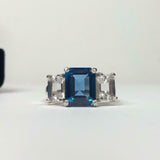 2.3ct Engagement Ring Emerald London Blue Topaz Three Stone 14k White Gold Over