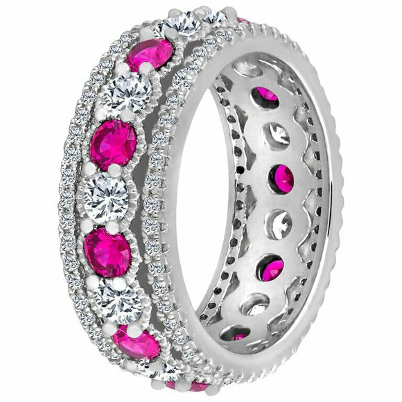 5ct Round Cut Alternating Pink Sapphire Diamond Eternity Band 14k WhiteGold Over