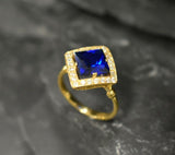 2ct Engagement Ring Princess Cut Blue Sapphire Diamond Halo 14k Yellow Gold Over