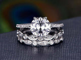 3pc Trio Wedding Bridal Set Vintage Band Engagement Ring 14k White Gold Finish