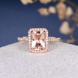 1.7ct Emerald Cut Simulated Peach Morganite Halo Engage Ring 14k RoseGold Plated