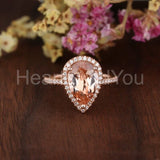 1ct Pear Cut Simulated Peach Morganite Halo Engagement Ring 14k Rose Gold Plated