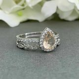 2.1ct Pear Peach Morganite Halo Bridal Set Engagement Ring 14k White Gold Finish
