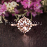 2ct Cushion Cut Simulated Peach Morganite Floral Halo Ring 14k Rose Gold Plated
