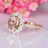 2.5ct Oval Cut Peach Morganite Engagement Ring Halo Floral 14k Rose Gold Finish