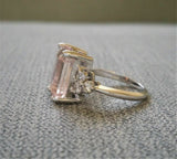 3ct Emerald Cut Peach Morganite Ring 14K White Gold Finish With Round Accents