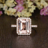 2.5ct Emerald Cut Peach Morganite Diamond Halo Engagement Ring 14k RoseGold Over