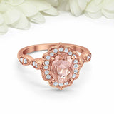 1.3ct Oval Cut Peach Morganite Engagement Ring Art Deco Halo 14k RoseGold Finish