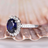 2.3ct Engagement Ring Oval Cut Blue Sapphire Diamond Floral 14k WhiteGold Finish
