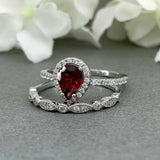1.6ct Pear Cut Red Garnet Halo Bridal Set Engagement Ring 14k White Gold Finish