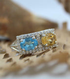 2.5ct Engagement Ring Oval Cut Blue Topaz Rectangular Halo 14k White Gold Over