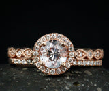 2.3ct Round Cut Simulated Morganite Milgrain Halo Ring Set 14k Rose Gold Plated