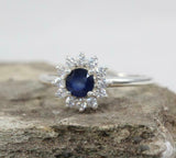 2.2ct Engagement Ring Round Cut Blue Sapphire Floral Halo 14k White Gold Finish
