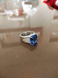 3ct Engagement Ring Emerald Cut Blue Sapphire Wide V Shank 14k White Gold Finish