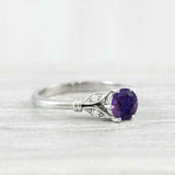 0.65ct Round Cut Purple Amethyst Floral Leaf Inspired Ring 14k White Gold Finish
