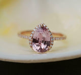 1.8ct Engagement Ring Pear Cut Peach Morganite Diamond Halo 14k Rose Gold Finish