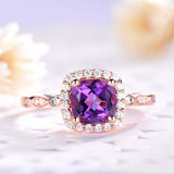 1.6ct Cushion Purple Amethyst Engagement Ring Solitaire Halo 14k Rose Gold Over