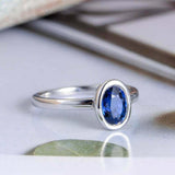 1.4ct Oval Blue Sapphire Engagement Ring Bezel Set Solitaire 14k White Gold Over