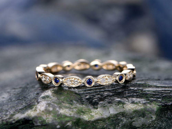 0.9Ct Round Cut Blue Sapphire Slim Eternity Wedding Band 14K Yellow Gold Finish