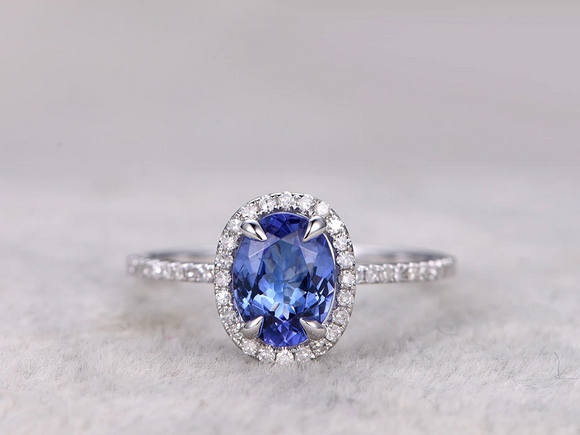 2ct Oval Cut Tanzanite Engagement Ring Halo Diamond Accent 14k White Gold Finish