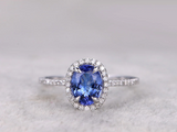 2ct Oval Cut Tanzanite Engagement Ring Halo Diamond Accent 14k White Gold Finish