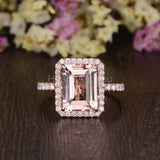 2.1ct Emerald Cut Simulated Morganite Halo Engagement Ring 14k Rose Gold Plated