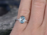 1Ct Oval Cut Blue Aquamarine Bezel Solitaire Engagement Ring 14K White Gold Over