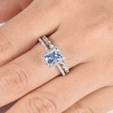 2.3ct Emerald Cut Blue Aquamarine Engagement Ring Bridal Set 14k White Gold Over