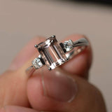 1.7ct Emerald Cut Peach Morganite Engagement Ring 14k White Gold Finish Trilogy