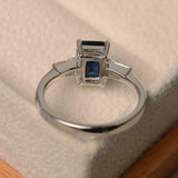 2ct Emerald Cut Blue Sapphire Engagement Ring Three Stone 14k White Gold Finish