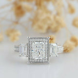 3Ct Radiant Cut Diamond Vintage Milgrain Engagement Ring 14K White Gold Finish