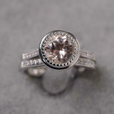 2ct Round Cut Peach Morganite Milgrain Bezel Bridal Set Ring 14k White Gold Over