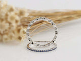 1.5ct Round Cut Blue Sapphire Wedding Bands Milgrain Eternity 14k WhiteGold Over