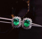 2.6ct Stud Earrings Oval Cut Green Emerald Halo Cluster 14k White Gold Finish