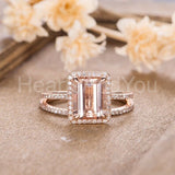 2ct Emerald Cut Simulated Peach Morganite Halo Bridal Set 14k Rose Gold Plated