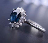 2.35ct Engagement Ring Oval Cut Blue Sapphire Halo Floral 14k White Gold Finish