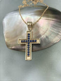 1ct Round Cut Blue Sapphire Pendant Chain Milgrain Cross 14k Yellow Gold Finish