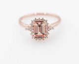 1.5ct Emerald Cut Simulated Morganite Halo Engagement Ring 14k Rose Gold Plated