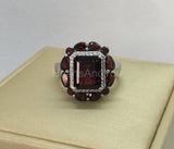 2.2ct Emerald Cut Simulated Red Garnet Halo Cocktail Ring 14k White Gold Plated