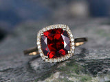 2.3ct Cushion Cut Red Garnet Halo Solitaire Engagement Ring 14K Rose Gold Finish