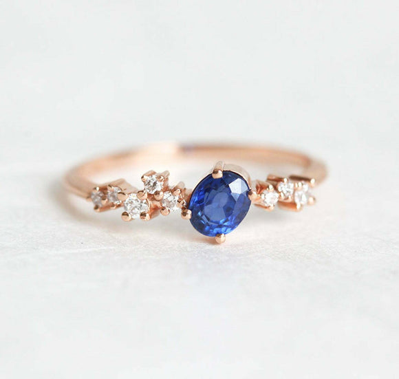 1.3ct Oval Cut Blue Sapphire Engagement Ring 14k RoseGold Finish Diamond Cluster