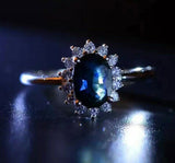 2.35ct Engagement Ring Oval Cut Blue Sapphire Halo Floral 14k White Gold Finish