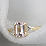 2ct Emerald Cut Simulated Peach Morganite Three Stone Ring 14k YellowGold Plated
