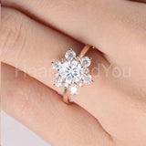 2.1ct Round Cut Moissanite Flower Snowflake Cluster Ring 14k White Gold Plated
