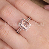 2ct Emerald Cut Simulated Peach Morganite Halo Bridal Set 14k Rose Gold Plated
