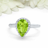 3ct Pear Cut Peridot Engagement Ring Diamond Halo Minimalist 14k White Gold Over
