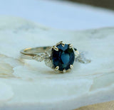 2ct Engagement Ring Oval Cut Blue Sapphire Leaf Accents 14k White Gold Finish